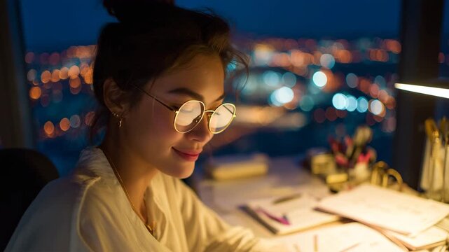 女性が夜のオフィスでデスクライトに照らされ穏やかに微笑む残業風景
