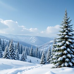 Snowy Mountain Landscape with Evergreen Trees and Clear Blue Sky on a Winter Day