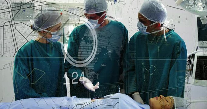 Lead surgeon demonstrating abdominal exam and instructing team in OR with HUD readouts updating