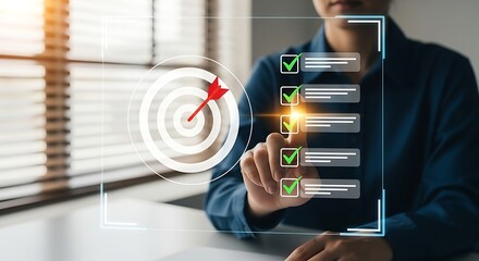 Person interacting with a futuristic digital interface displaying a target and a completed checklist with checkboxes