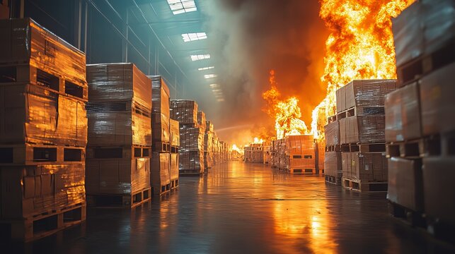 Warehouse engulfed in flames with stacked goods on pallets showing the devastating impact of fire damage and potential business disruption