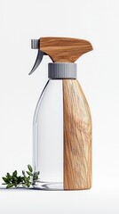 A stylish spray bottle with a unique design combining clear glass and natural wood, suggesting eco-friendly cleaning or home decor.