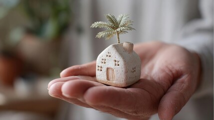 Person's hand holding a small ceramic house in the palm of their hand. the house is small and round, with a pointed roof and a small window on the front.