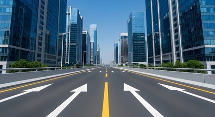 Futuristic metropolitan scene featuring a high tech road lined with towering glass skyscrapers under a dramatic neon night sky.