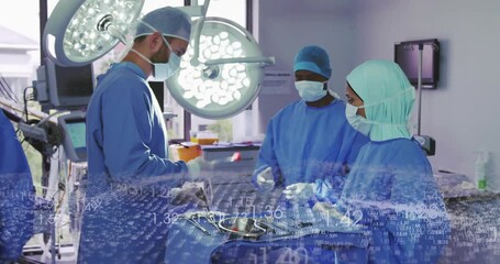 Surgeon picking up tool and starting team prepping tray tools for surgery as data overlay scrolling - Powered by Adobe