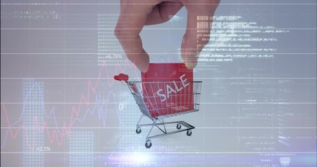 Hand entering top, pinching SALE box, placing into cart, lifting away while data cueing purchase - Powered by Adobe