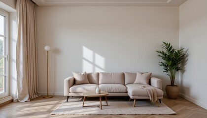 Modern Minimalist Living Room With Soft Beige Sofa And Green Plant On Light Wooden Floor