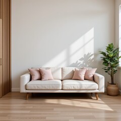 Minimalist Living Room with Cozy Sofa and Decorative Pillows Bathed in Natural Light