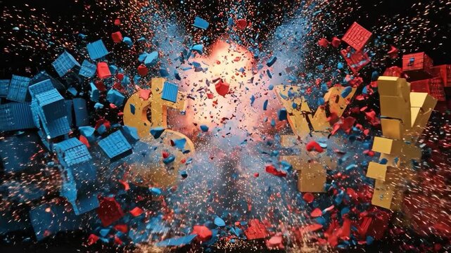 Financial Explosion: A dynamic, eye-catching image explodes with currency symbols, embodying the volatility and excitement of the global financial market.