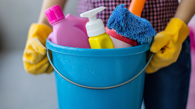 Person holding cleaning supplies bucket, cleaner woman holding a bucket with detergents and a rag, cleaning services, generative ai
