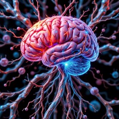 Abstract Glowing Brain Visual With Neural Connections and Electric Pulses in a Digital Art Representation