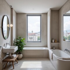 Modern Bathroom Interior with Large Window Offering Scenic City View and Elegant Design Elements