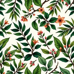 Floral Pattern Design Featuring Lush Green Leaves and Delicate Orange Flowers on Cream Background