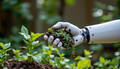 Robotic Hand Holding Soil While Nurturing Young Plant In Green Garden Environment