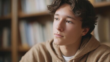 Close-up portrait of a young man with curly hair. he is sitting in front of a bookshelf and is looking off to the side with a thoughtful expression on his face.