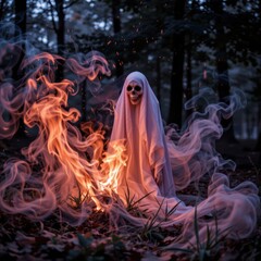 Mysterious Ghostly Figure Surrounded by Flames and Smoke in a Dark Forest at Dusk