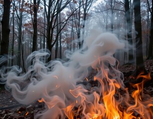 Dramatic Flames and Smoky Tendrils Rising Among Autumn Trees in a Misty Forest Landscape