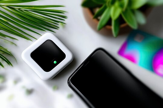A white square device with a black screen and a green light sits next to a smartphone and a colorful credit card on a white surface with a plant.