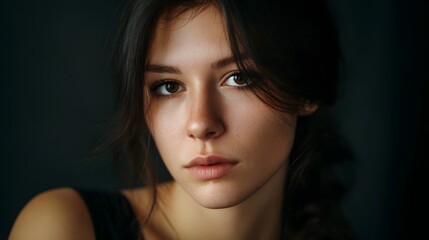 Fototapeta premium A close up portrait captures a young woman s thoughtful expression with subtle freckles against a dark moody background