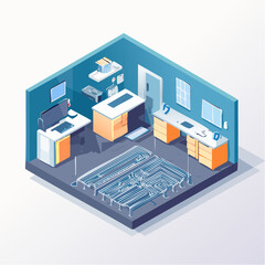 Fototapeta premium Advanced technological concept of an intelligent building control center showing an isometric office interior with a circuit floor for managing hvac and network data