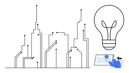 Abstract city skyline connected by circuits, oversized light bulb symbolizing innovation, and person interacting with tablet. Ideal for innovation, smart technology, urban planning, connectivity