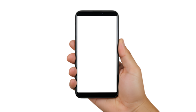 Hand holding modern smartphone with blank white screen display on black background
