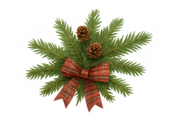 Christmas winter holiday decoration with pine branches, pinecones, and a red plaid bow on transparent background