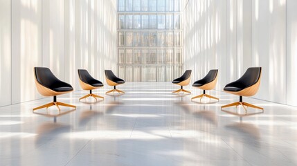 A modern waiting area features five sleek chairs with black upholstery and curved wooden shells, arranged in a semi-circle.