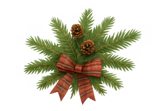 Christmas winter holiday decoration with pine branches, pinecones, and a red plaid bow on transparent background