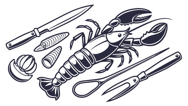 Premium Lobster and Seafood Utensils Engraving for Fine Dining Restaurant Menu Design Culinary Website and Gourmet Cooking - Powered by Adobe