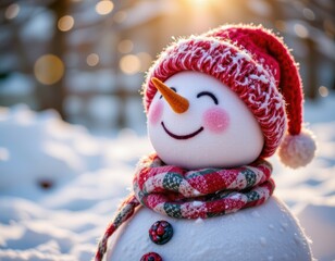 Winter Snowman with Colorful Scarf Smiling Cheerfully Under Bright Sunlight in Snowy Landscape