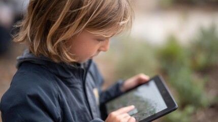 Young child, probably around 2-3 years old, holding a tablet in their hands. the child is wearing a dark blue jacket and has shoulder-length blonde hair.