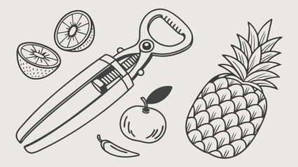 Fresh Pineapple Kiwi Apple Chili and Fruit Peeler Kitchen Tool Line Art. Healthy Food Preparation for Recipe Blogs and Cooking Content.