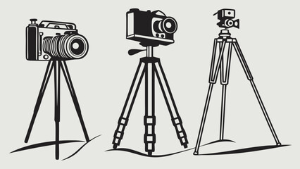 Vintage Cameras on Tripods Vector Illustration. Classic Photography and Videography Equipment for Professional Media Production and Content Creation.