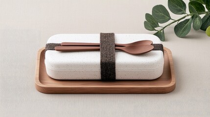 A white speckled bento box with brown wooden utensils secured by a dark band sits on a wooden tray, with green leaves in the background.