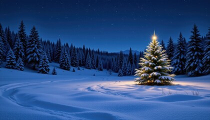 Illuminated Christmas Tree Surrounded by Snowy Evergreens Under a Starry Night Sky