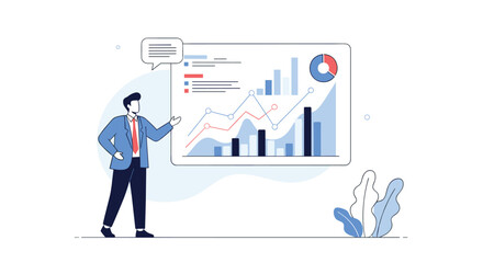 An illustration depicts a business professional presenting a data report with charts and graphs, showcasing analysis and strategic insight for business growth and performance.