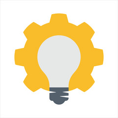 Yellow gear wheel with light bulb inside and dark gray base on white background cogwheel idea