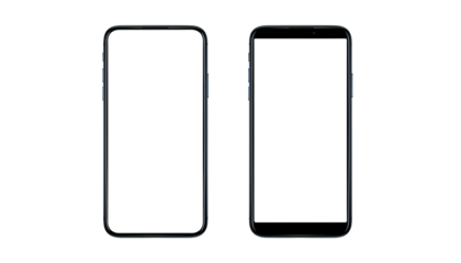 Two modern smartphone devices isolated on a dark background for mockup