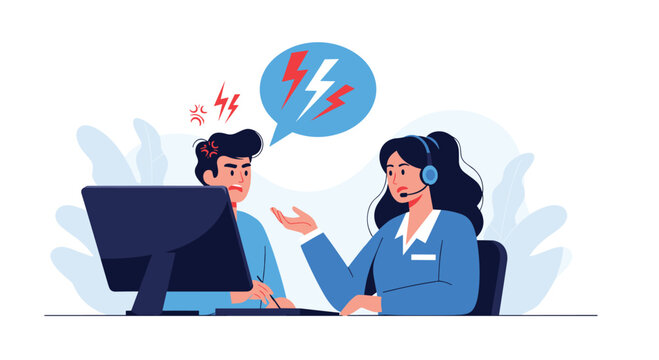 Frustrated customer yelling at a calm support agent while working on a computer, depicting a difficult customer service interaction.