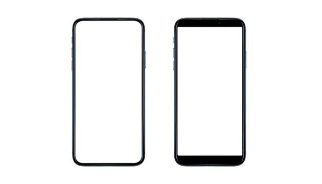 Two modern smartphone devices isolated on a dark background for mockup