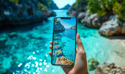 Hand holding smartphone displaying clear turquoise sea and rocky coastline with blurred tropical beach background on sunny day