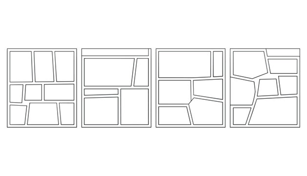 Four distinct comic book panel layouts with black outlines on a white background comic book layout storyboard