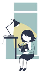 Woman reading a book by a lamp on a window sill, enjoying a quiet moment.