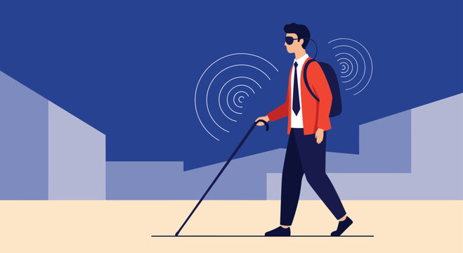 A visually impaired man equipped with smart glasses, a white cane, and a backpack featuring echolocation or sound-based navigation walks independently in a city.