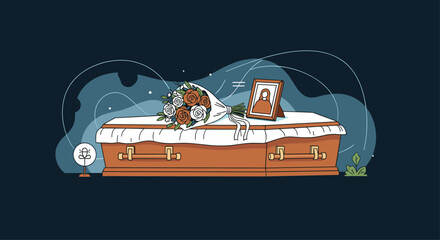 A somber scene depicting a casket adorned with flowers and a framed photograph, representing loss, grief, and remembrance during a funeral or memorial service.