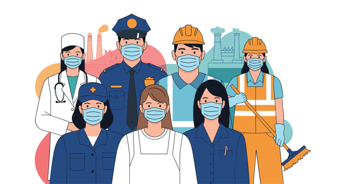 Diverse essential workers wearing face masks stand together, representing healthcare, public safety, construction, and sanitation during a public health crisis.