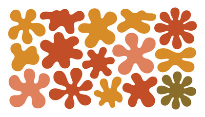 Organic blob shapes in warm earthy tones of orange brown and olive green scattered on a white background