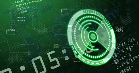 On start neon green HUD appearing and rotating while numeric counter incrementing, monitoring map - Powered by Adobe