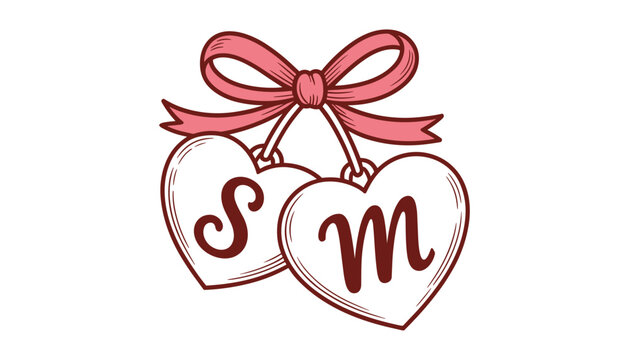 Two pink hearts with letters S and M hanging from a pink bow on a white background love romance